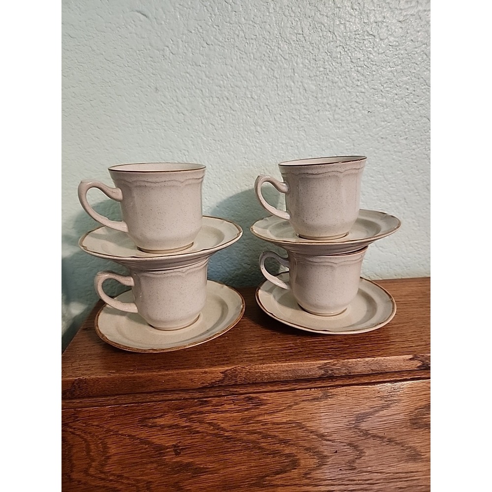 Hearthside Baroque 4 Cup and Saucer Sets Ivory With Brown Border‎ Spring Garden